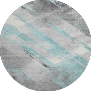 HomeRoots 8' Teal Gray & Silver Striped Washable Round Rug with UV Protection for Stylish, Cozy Living Spaces 694299