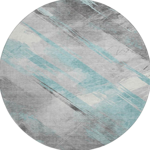 HomeRoots 8' Teal Gray & Silver Striped Washable Round Rug with UV Protection for Stylish, Cozy Living Spaces 694299