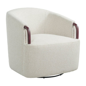 English Elm 30" Boucle Swivel Barrel Chair Wood Accents Sculptural Accent Seating for Any Room N767P422966B