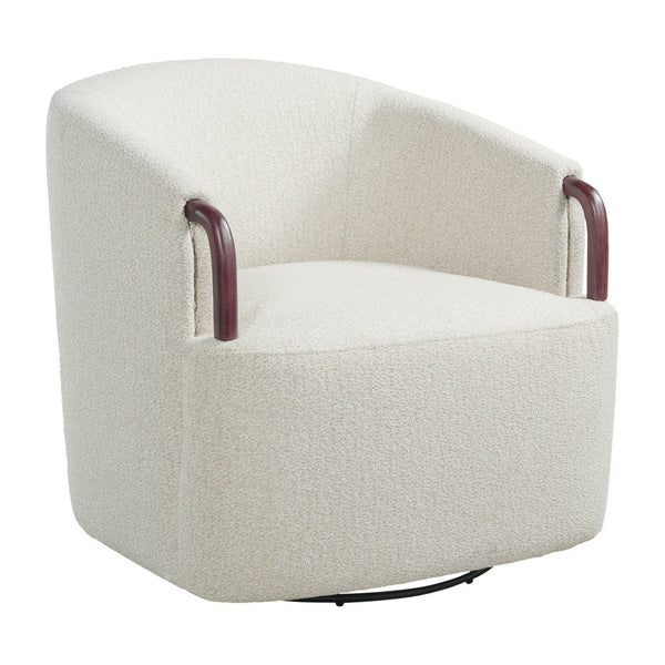 English Elm 30" Boucle Swivel Barrel Chair Wood Accents Sculptural Accent Seating for Any Room N767P422966B