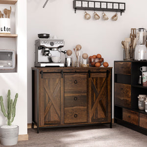 English Elm HOMCOM Rustic Farmhouse Buffet Cabinet with Sliding Barn Doors, 3 Drawers, Adjustable Shelves, Sturdy W2225P173872