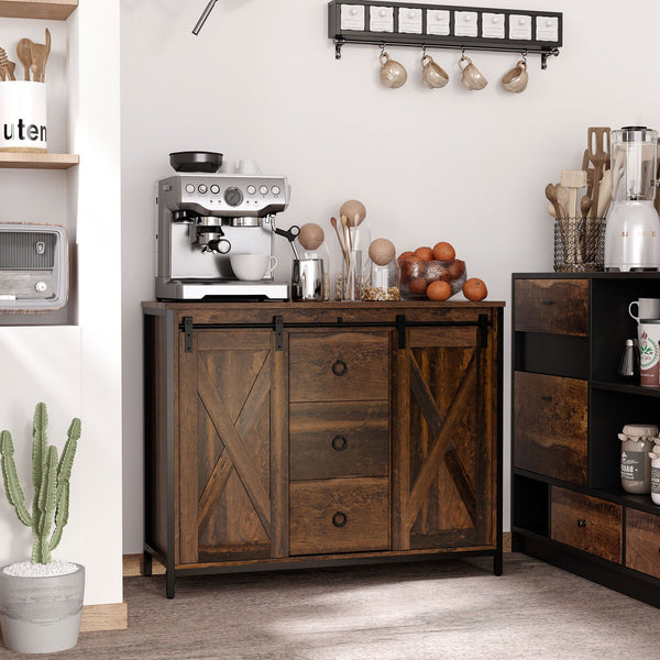 English Elm HOMCOM Rustic Farmhouse Buffet Cabinet with Sliding Barn Doors, 3 Drawers, Adjustable Shelves, Sturdy W2225P173872