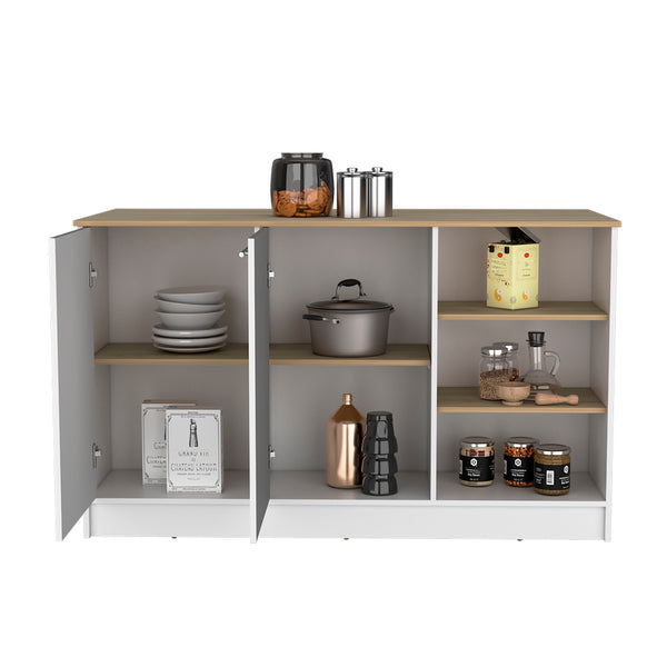 English Elm Kitchen Island Leoti White Engineered Wood with European Ash Top, 2 Cabinets, Durable Modern Storage B092S00268