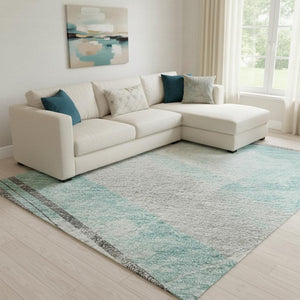 HomeRoots 8' Teal Gray Silver Striped Washable Area Rug - Durable, UV Protected & Stain Resistant for Families 694300
