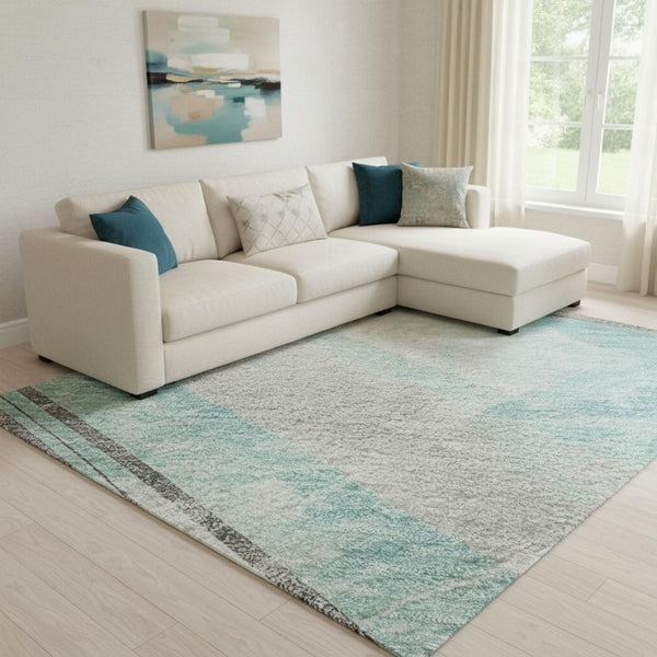 HomeRoots 8' Teal Gray Silver Striped Washable Area Rug - Durable, UV Protected & Stain Resistant for Families 694300
