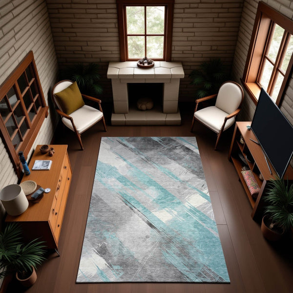 HomeRoots 8' Teal Gray Silver Striped Washable Area Rug - Durable, UV Protected & Stain Resistant for Families 694300
