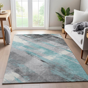 HomeRoots 8' Teal Gray Silver Striped Washable Area Rug - Durable, UV Protected & Stain Resistant for Families 694300