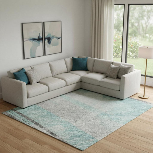 HomeRoots 9' X 12' Durable Teal Gray & Silver Striped Area Rug - Washable, UV-Protected, Pet-Friendly Design 694301