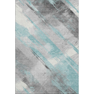 HomeRoots 9' X 12' Durable Teal Gray & Silver Striped Area Rug - Washable, UV-Protected, Pet-Friendly Design 694301