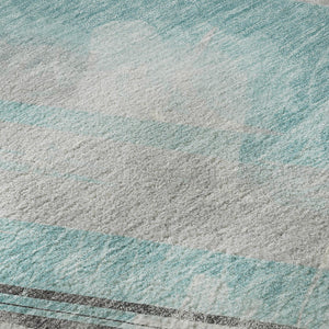 HomeRoots 9' X 12' Durable Teal Gray & Silver Striped Area Rug - Washable, UV-Protected, Pet-Friendly Design 694301