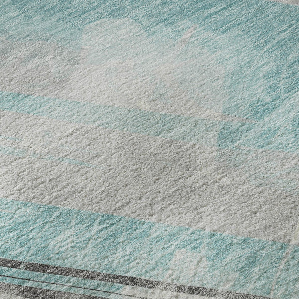 HomeRoots 9' X 12' Durable Teal Gray & Silver Striped Area Rug - Washable, UV-Protected, Pet-Friendly Design 694301