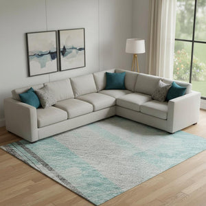 HomeRoots 10' Teal Gray and Silver Striped Washable Area Rug - Durable, UV-Protected, Stain-Resistant Design! 694302