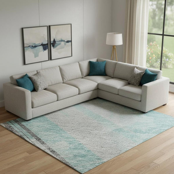 HomeRoots 10' Teal Gray and Silver Striped Washable Area Rug - Durable, UV-Protected, Stain-Resistant Design! 694302