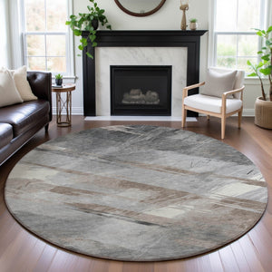 HomeRoots 8' X 8' Washable Round Rug in Taupe Gray & Silver Stripes – Durable, Stain-Resistant, UV Protected! 694305