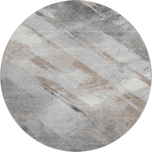 HomeRoots 8' X 8' Washable Round Rug in Taupe Gray & Silver Stripes – Durable, Stain-Resistant, UV Protected! 694305