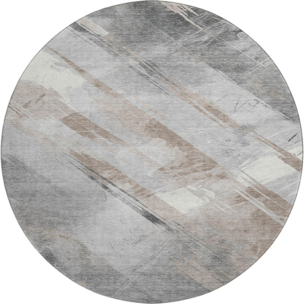 HomeRoots 8' X 8' Washable Round Rug in Taupe Gray & Silver Stripes – Durable, Stain-Resistant, UV Protected! 694305