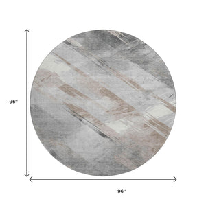 HomeRoots 8' X 8' Washable Round Rug in Taupe Gray & Silver Stripes – Durable, Stain-Resistant, UV Protected! 694305