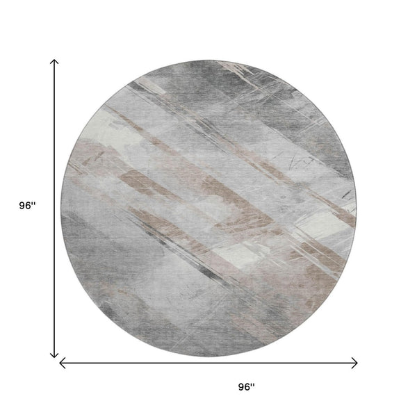 HomeRoots 8' X 8' Washable Round Rug in Taupe Gray & Silver Stripes – Durable, Stain-Resistant, UV Protected! 694305