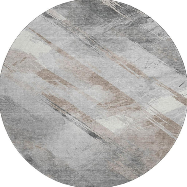 HomeRoots 8' X 8' Washable Round Rug in Taupe Gray & Silver Stripes – Durable, Stain-Resistant, UV Protected! 694305