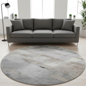 HomeRoots 8' X 8' Washable Round Rug in Taupe Gray & Silver Stripes – Durable, Stain-Resistant, UV Protected! 694305