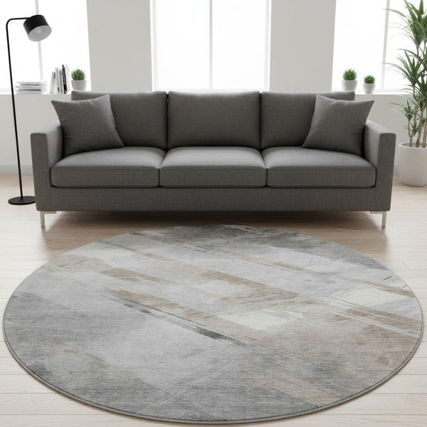 HomeRoots 8' X 8' Washable Round Rug in Taupe Gray & Silver Stripes – Durable, Stain-Resistant, UV Protected! 694305