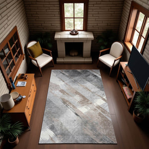 HomeRoots 8' Taupe Gray and Silver Striped Area Rug - Washable, UV-Protected, Durable for High-Traffic Spaces 694306