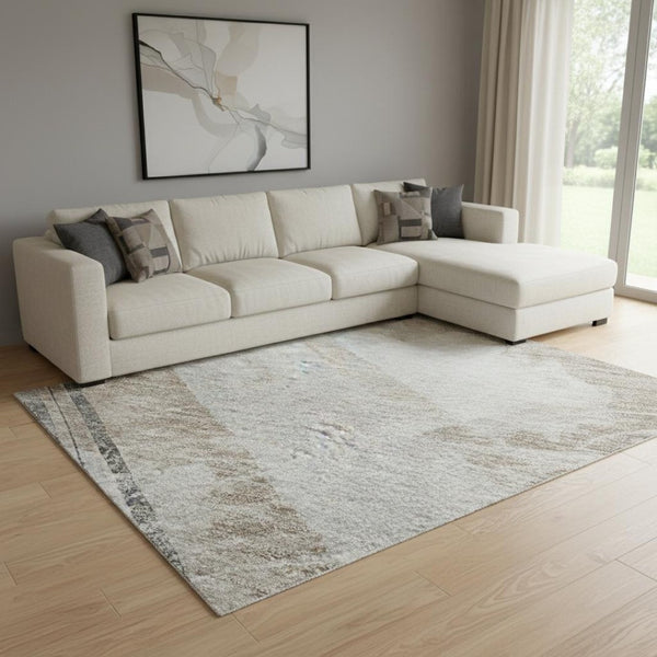 HomeRoots 8' Taupe Gray and Silver Striped Area Rug - Washable, UV-Protected, Durable for High-Traffic Spaces 694306