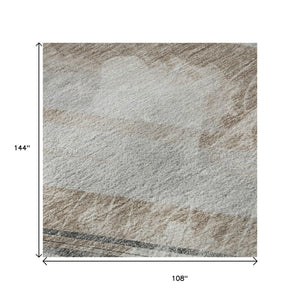 HomeRoots 9' X 12' Washable Area Rug in Taupe Gray & Silver Stripes - UV Protected, Stain-Resistant Design 694307