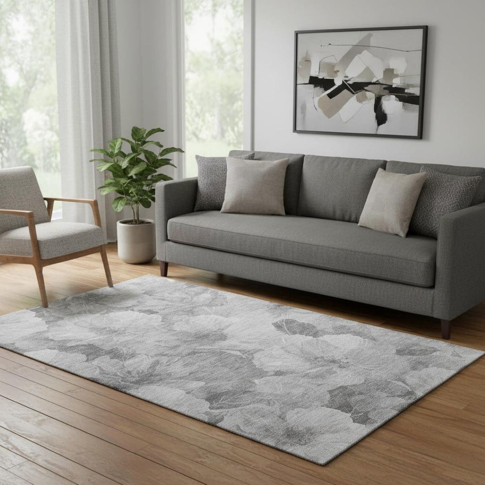 HomeRoots 5' X 8' Gray Silver Charcoal Floral Washable Area Rug - UV Protected, Stain-Resistant, Non-Slip! 694312