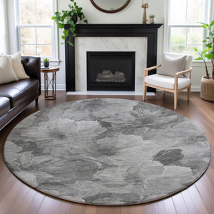 HomeRoots 8' Gray Silver Charcoal Floral Washable Round Rug – Durable, Stain-Resistant with UV Protection! 694313