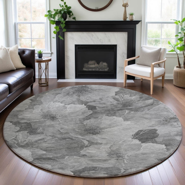 HomeRoots 8' Gray Silver Charcoal Floral Washable Round Rug – Durable, Stain-Resistant with UV Protection! 694313
