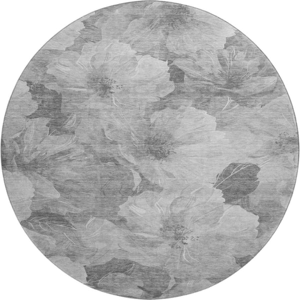 HomeRoots 8' Gray Silver Charcoal Floral Washable Round Rug – Durable, Stain-Resistant with UV Protection! 694313
