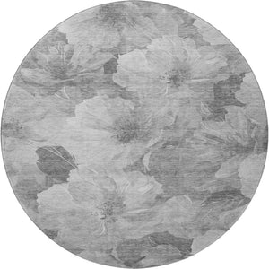 HomeRoots 8' Gray Silver Charcoal Floral Washable Round Rug – Durable, Stain-Resistant with UV Protection! 694313