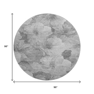 HomeRoots 8' Gray Silver Charcoal Floral Washable Round Rug – Durable, Stain-Resistant with UV Protection! 694313