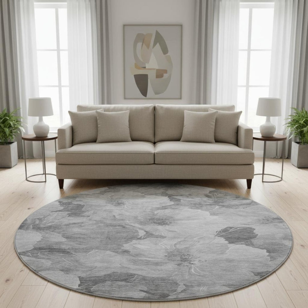 HomeRoots 8' Gray Silver Charcoal Floral Washable Round Rug – Durable, Stain-Resistant with UV Protection! 694313