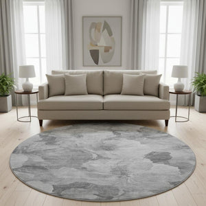 HomeRoots 8' Gray Silver Charcoal Floral Washable Round Rug – Durable, Stain-Resistant with UV Protection! 694313