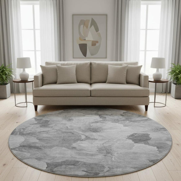 HomeRoots 8' Gray Silver Charcoal Floral Washable Round Rug – Durable, Stain-Resistant with UV Protection! 694313