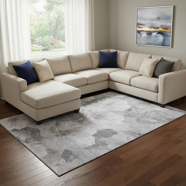 HomeRoots 8' Gray Silver And Charcoal Floral Area Rug - Washable, Stain Resistant, UV Protected for Busy Homes 694314