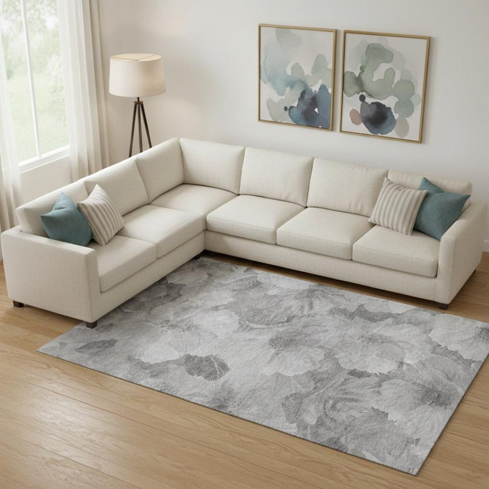 HomeRoots 9' X 12' Floral Washable Area Rug in Gray & Charcoal – UV Protected, Durable, Perfect for Pets! 694315