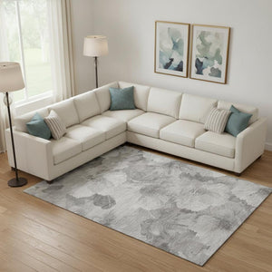 HomeRoots 10' X 14' Washable Floral Area Rug in Gray, Silver & Charcoal - Stain Resistant & UV Protected 694316