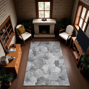 HomeRoots 10' X 14' Washable Floral Area Rug in Gray, Silver & Charcoal - Stain Resistant & UV Protected 694316