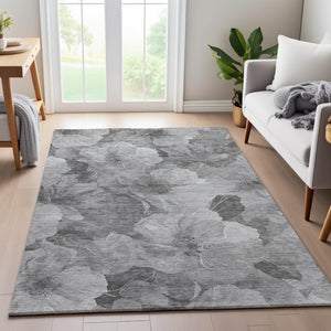 HomeRoots 10' X 14' Washable Floral Area Rug in Gray, Silver & Charcoal - Stain Resistant & UV Protected 694316