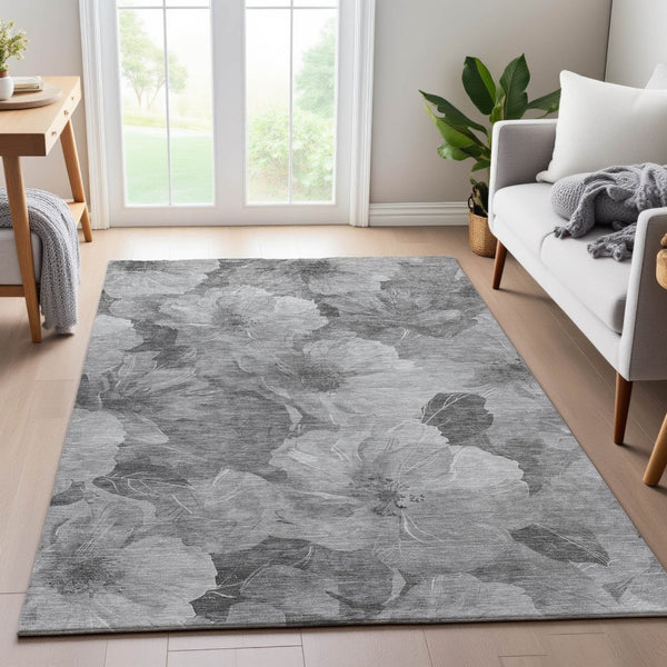 HomeRoots 10' X 14' Washable Floral Area Rug in Gray, Silver & Charcoal - Stain Resistant & UV Protected 694316