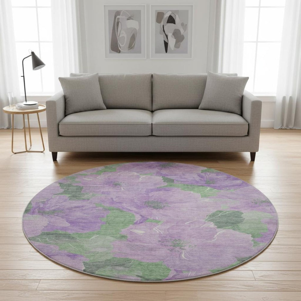 HomeRoots 8' X 8' Floral Round Rug in Lavender & Green – Washable, UV-Protected, & Pet-Friendly Home Decor 694319