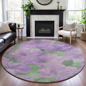HomeRoots 8' X 8' Floral Round Rug in Lavender & Green – Washable, UV-Protected, & Pet-Friendly Home Decor 694319