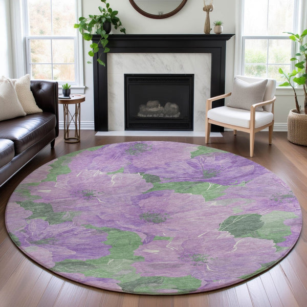 HomeRoots 8' X 8' Floral Round Rug in Lavender & Green – Washable, UV-Protected, & Pet-Friendly Home Decor 694319