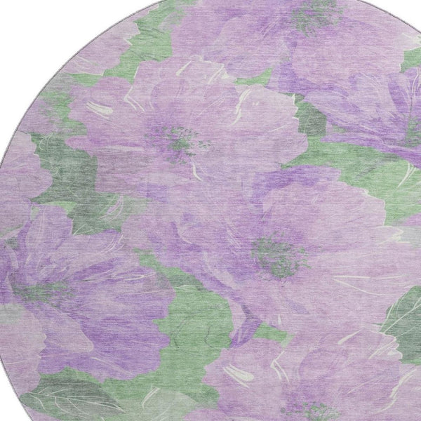 HomeRoots 8' X 8' Floral Round Rug in Lavender & Green – Washable, UV-Protected, & Pet-Friendly Home Decor 694319