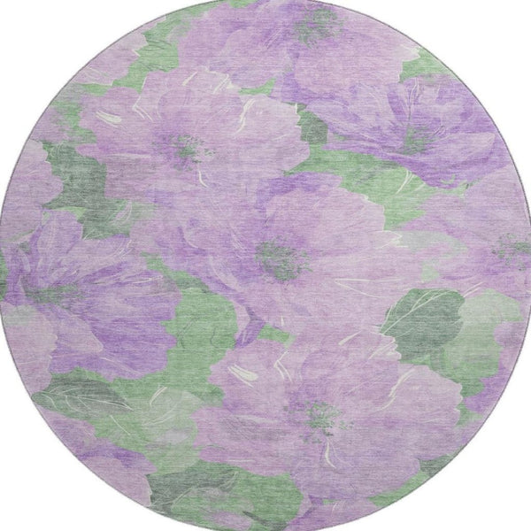 HomeRoots 8' X 8' Floral Round Rug in Lavender & Green – Washable, UV-Protected, & Pet-Friendly Home Decor 694319