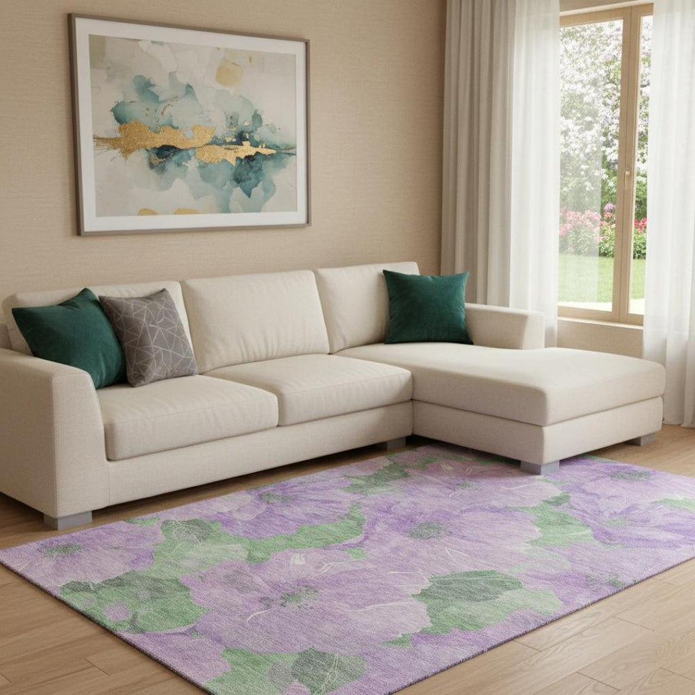 HomeRoots 8' Elegant Lavender and Green Floral Washable Area Rug with UV Protection and Stain Resistance 694320
