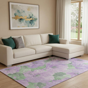 HomeRoots 8' Elegant Lavender and Green Floral Washable Area Rug with UV Protection and Stain Resistance 694320